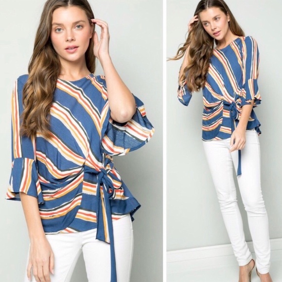 Woven Striped Front Tie Ruffle Top - Picture 2 of 6